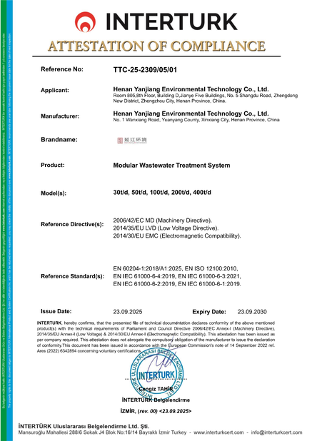 Trung Quốc Henan Yanjiang Environmental Technology Co., Ltd. Chứng chỉ